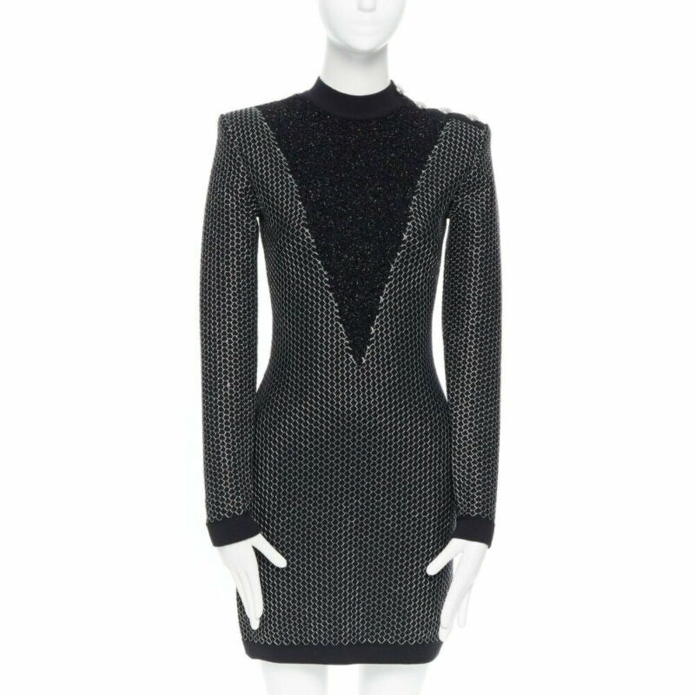 Balmain Rousteing silver thread fluffy military dress